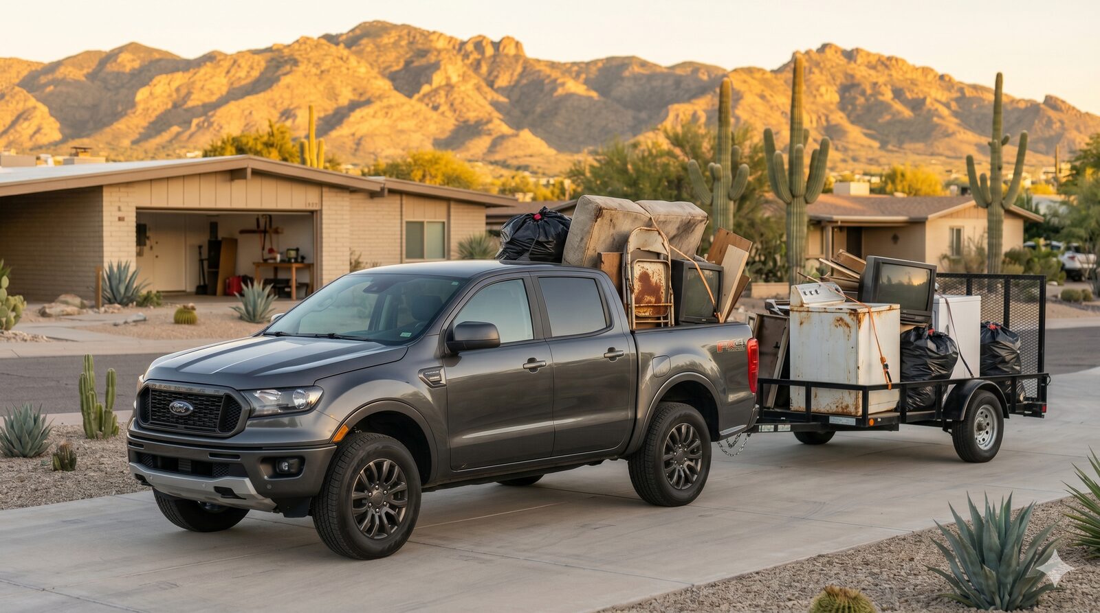 Truck and utility trailer loaded with junk for haul-away