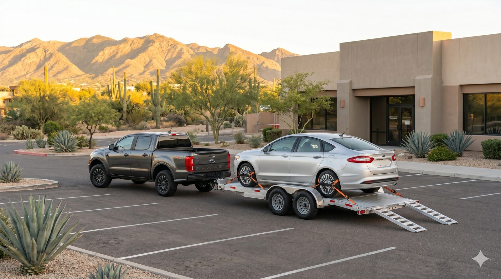 Sedan loaded on a tilt-deck car trailer