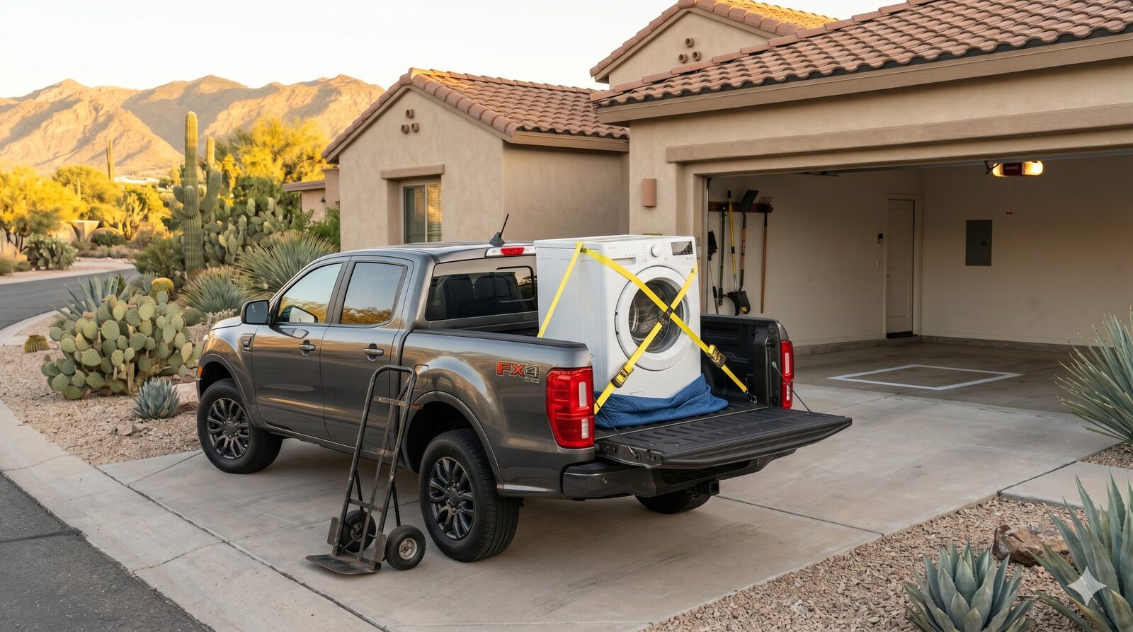 Washing machine loaded in the truck bed for haul-away