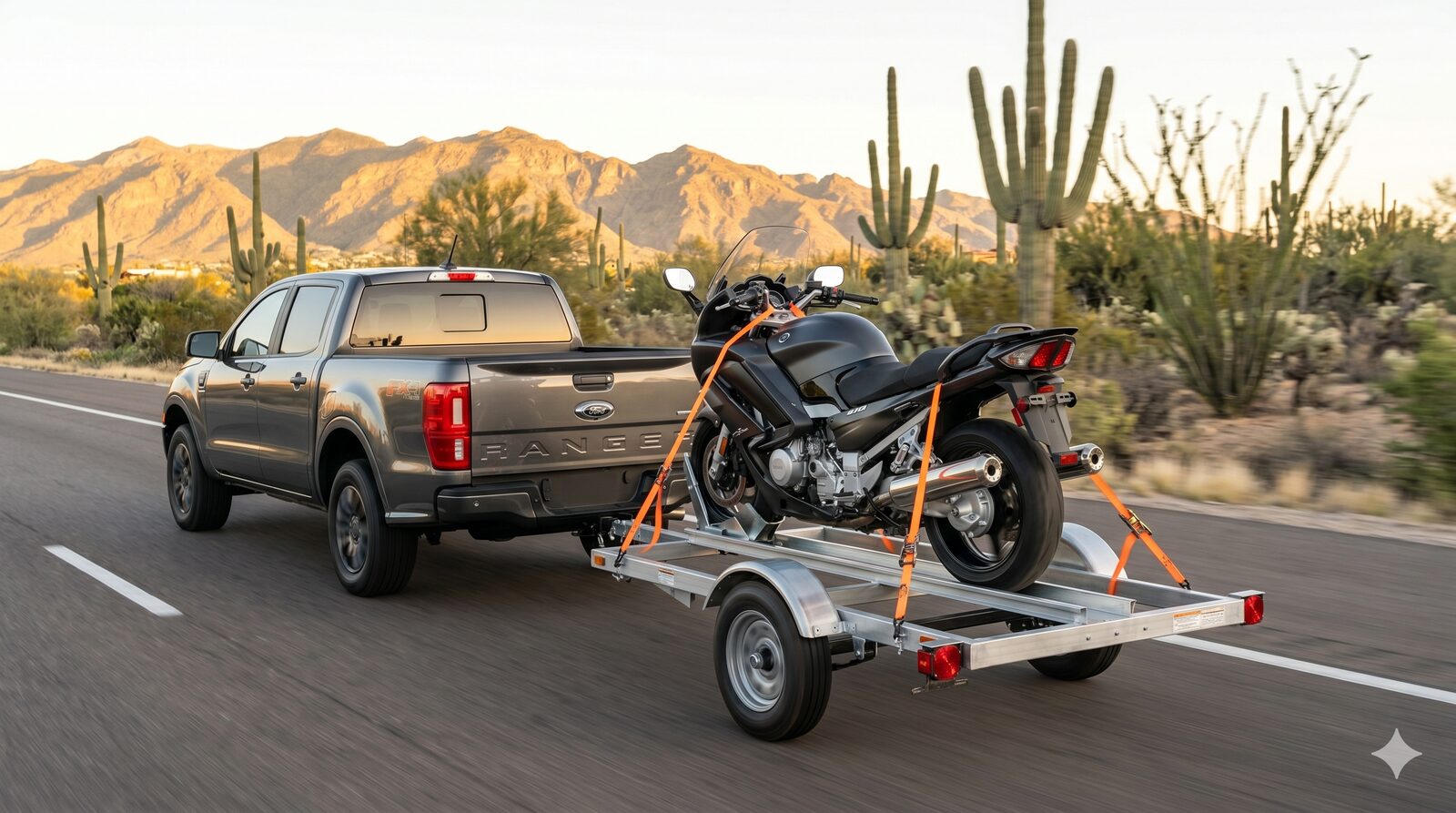 Motorcycle secured on a motorcycle trailer on the road