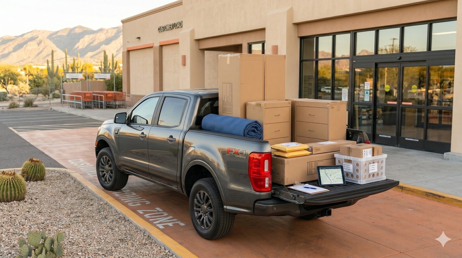 Parcels and boxes loaded in the truck bed from a loading dock