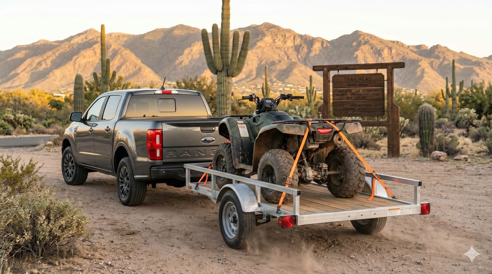 ATV loaded on a utility trailer at a trailhead