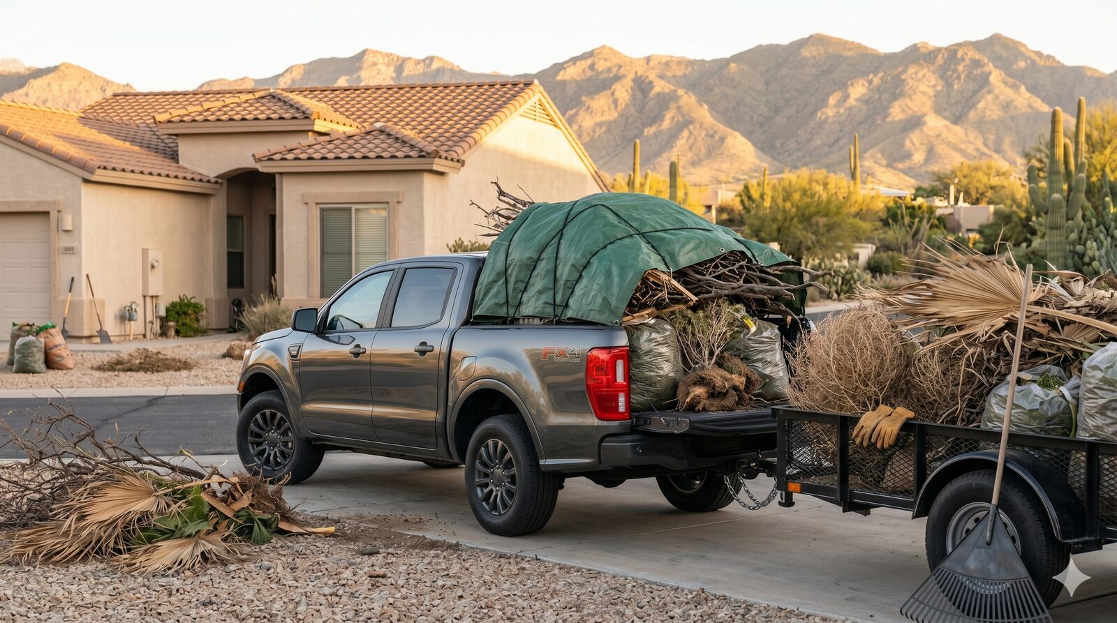 Yard debris and palm fronds loaded in truck and trailer