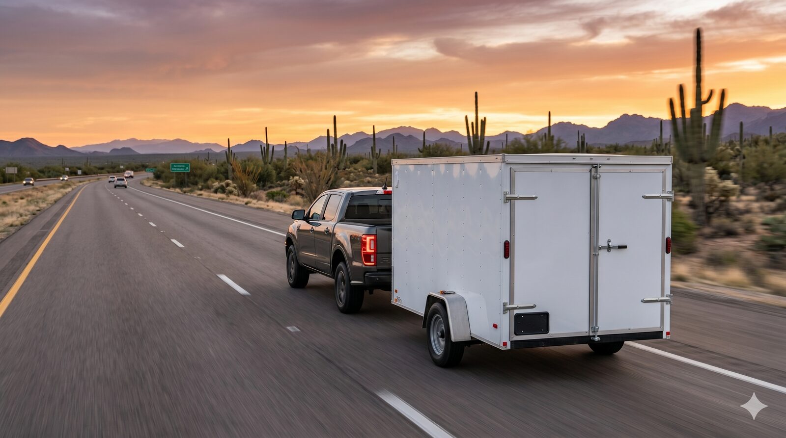 Pickup with enclosed cargo trailer on Arizona highway at sunset