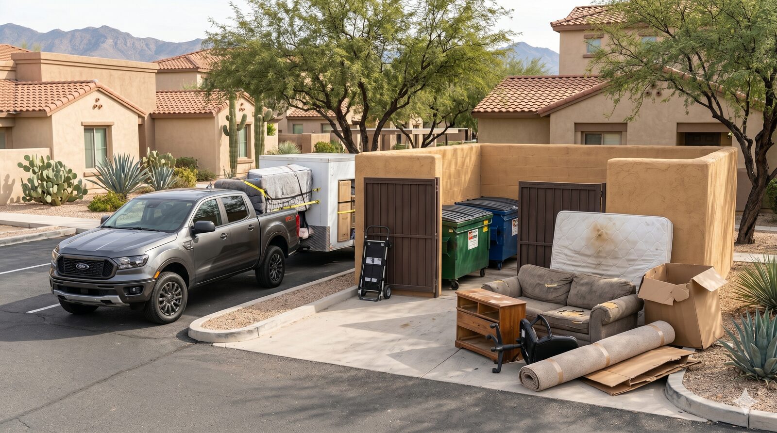 HOA trash enclosure cleanup with abandoned bulk items