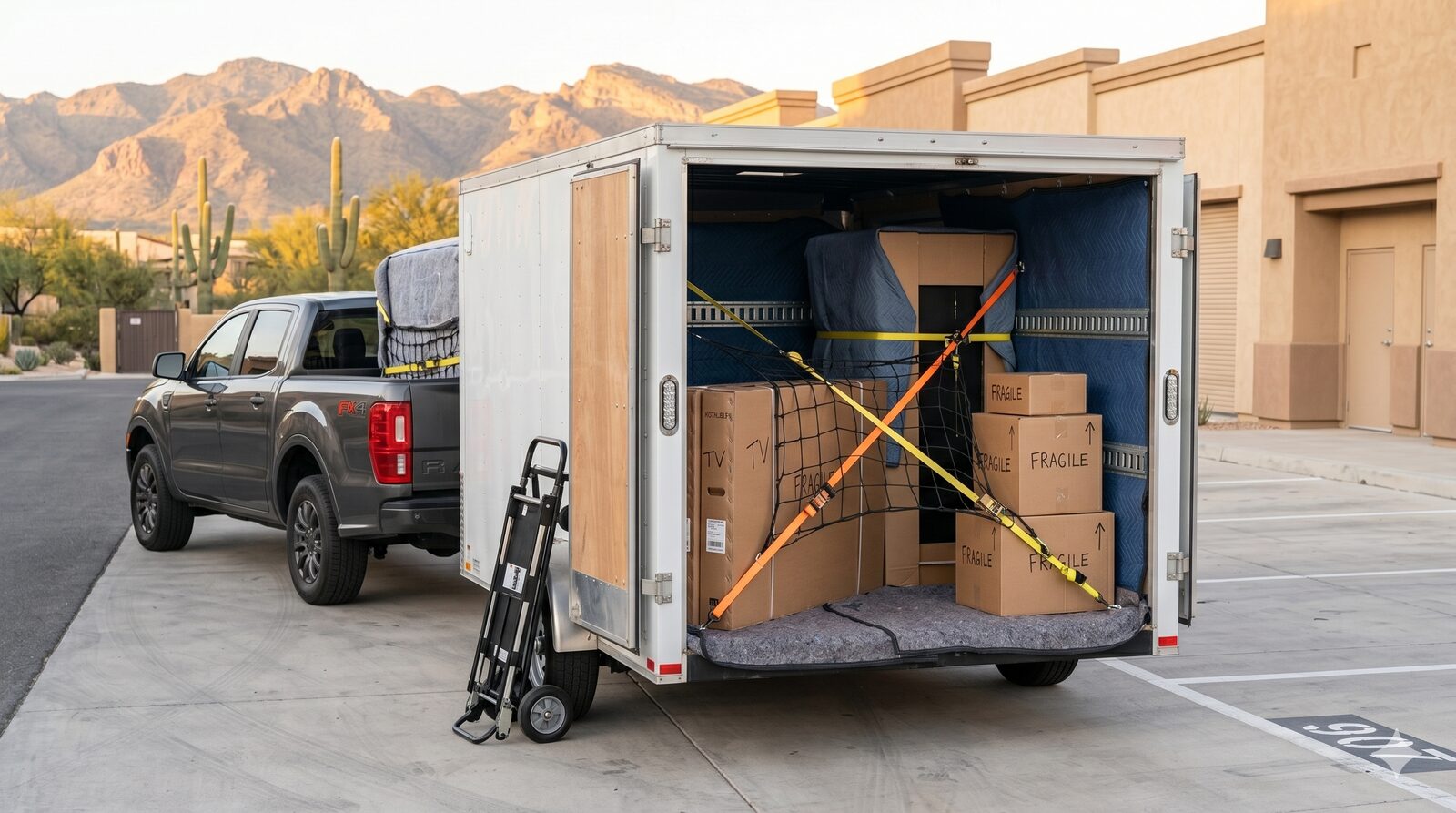 Loaded enclosed cargo trailer for a moving job