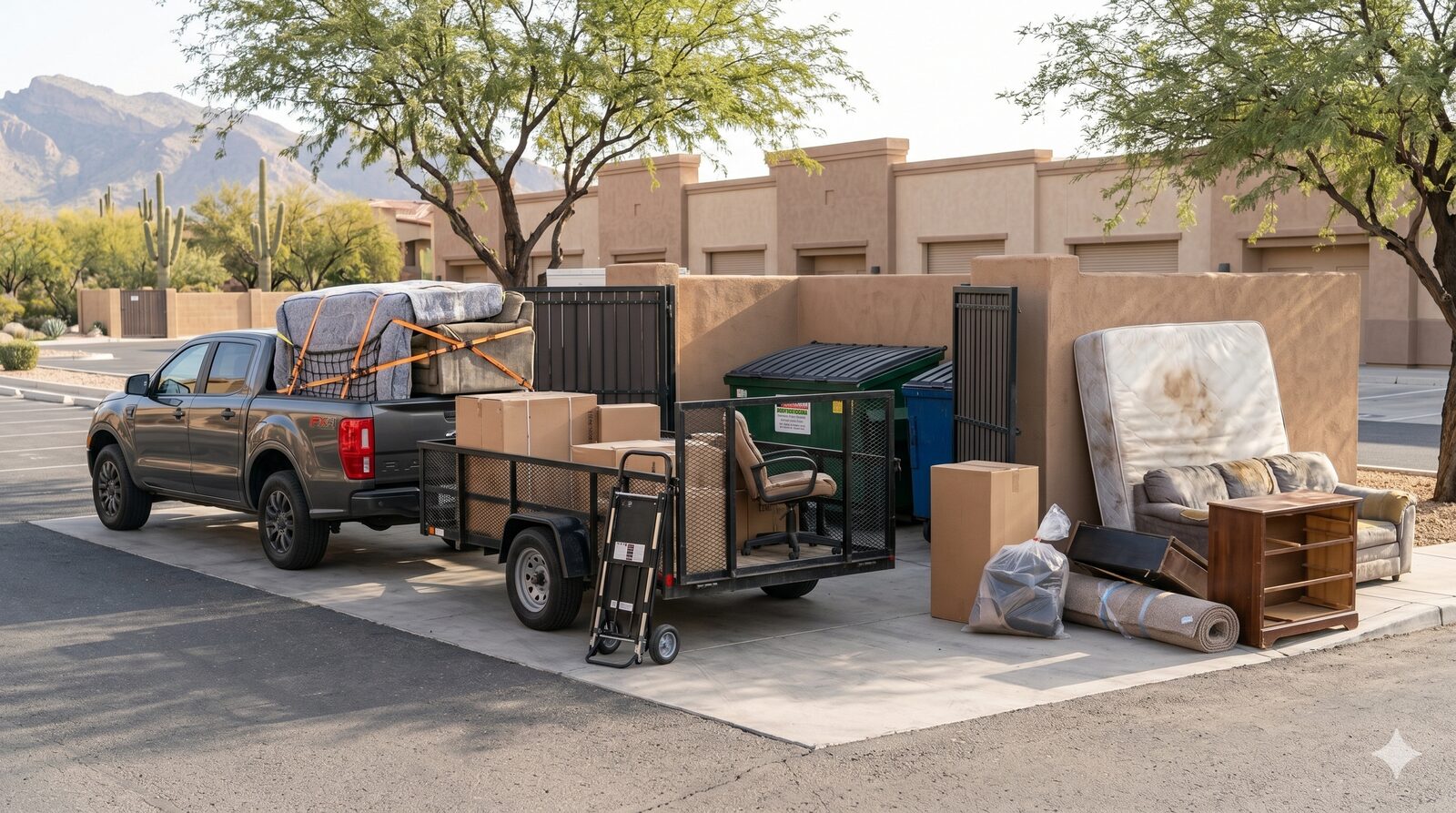 HOA bulk-item removal with utility trailer staged